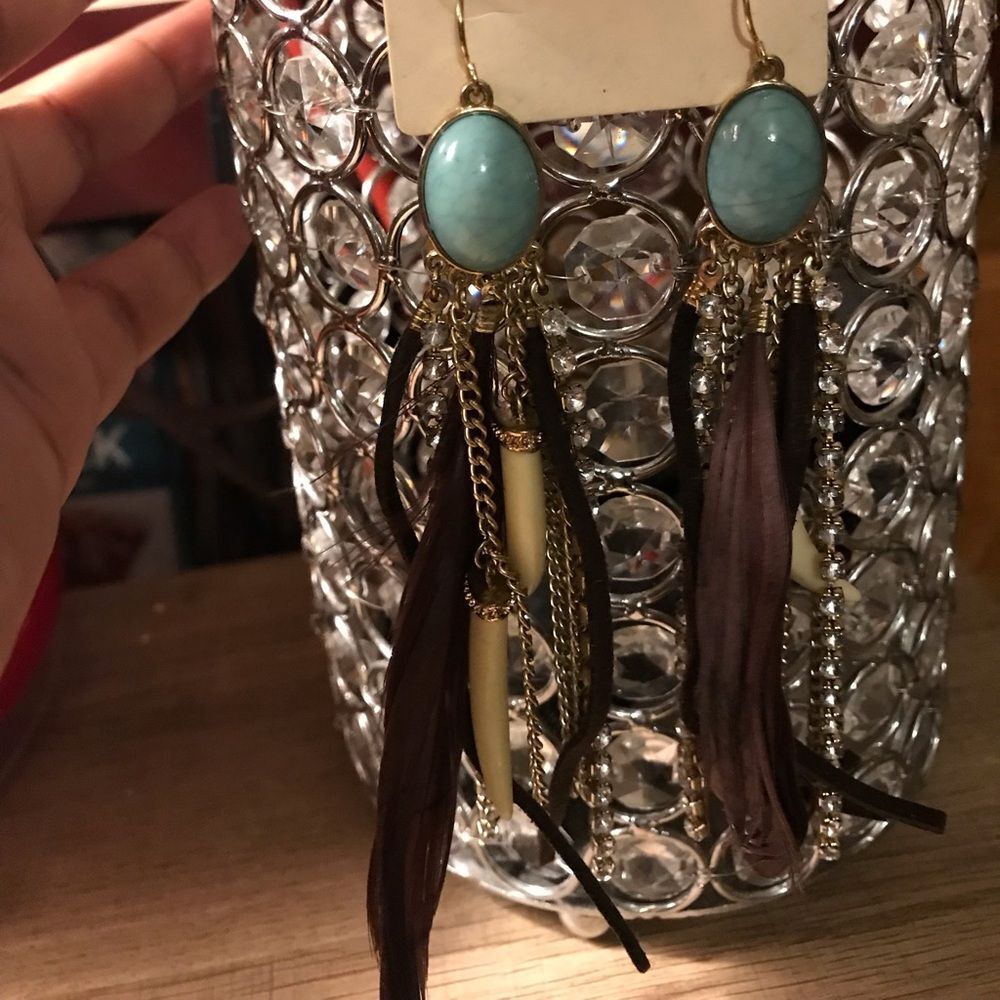 Forever21 Boho Brown Feather Native American Inspired Rhinestone Charm Earrings